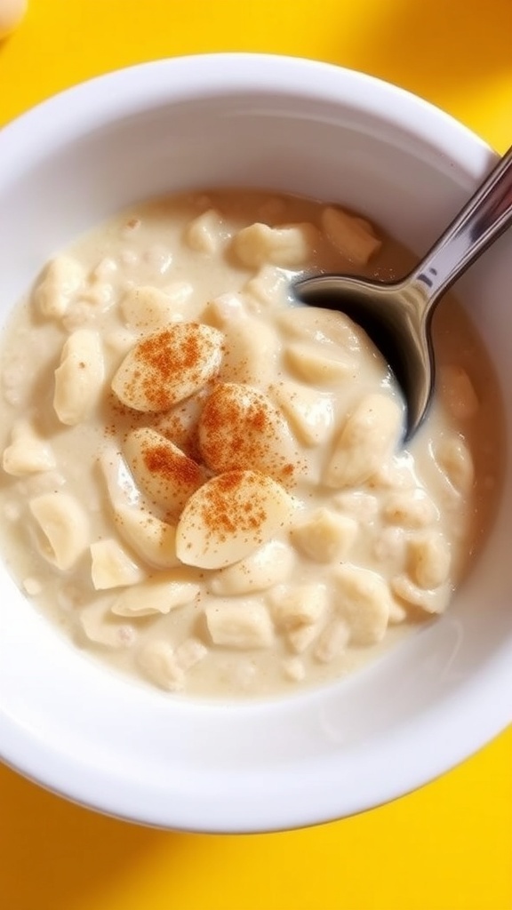 Nutritious Egg-Free Breakfast for 8-Month-Old A bowl of oatmeal with mashed banana and cinnamon, ready for an 8-month-old baby.